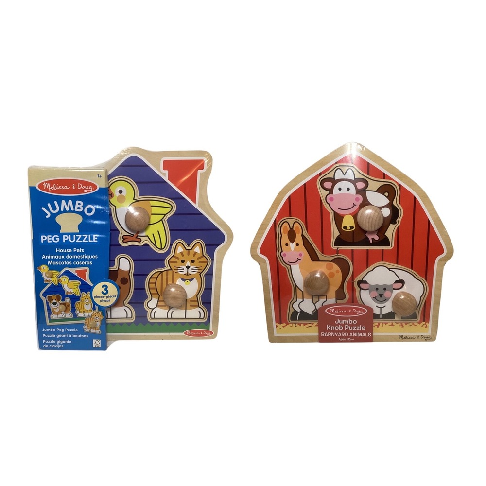 Melissa & Doug Jumbo Knob Peg Puzzle Set Barnyard Animals House Pets Wooden 2pk